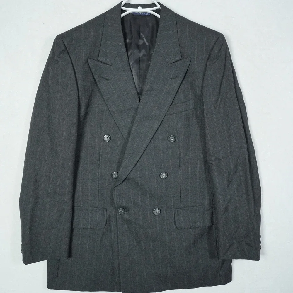 Vtg Burberrys Mens Charcoal Pinstripe Double Breasted Wool Suit Saks 5th 33x30